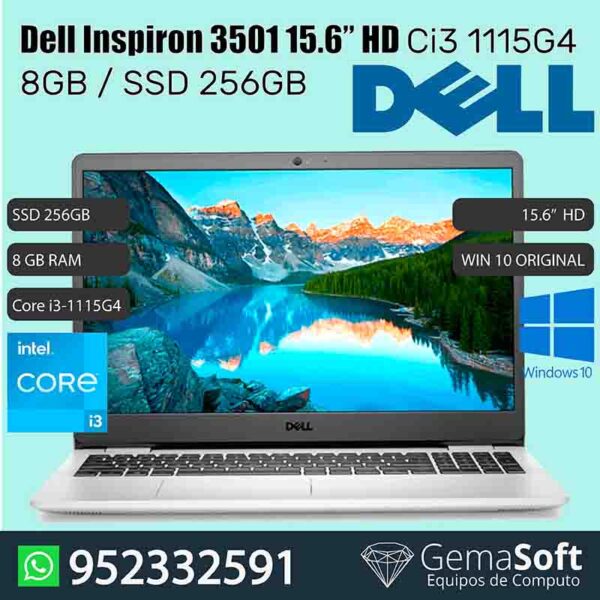 Laptop Dell Inspiron 15 3501, 15.6" LED HD, Core i3-1115G4 hasta 4.1GHz 8GB DDR4, SSD 256GB